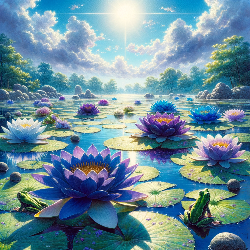 蓝紫色睡莲花朵与浮萍