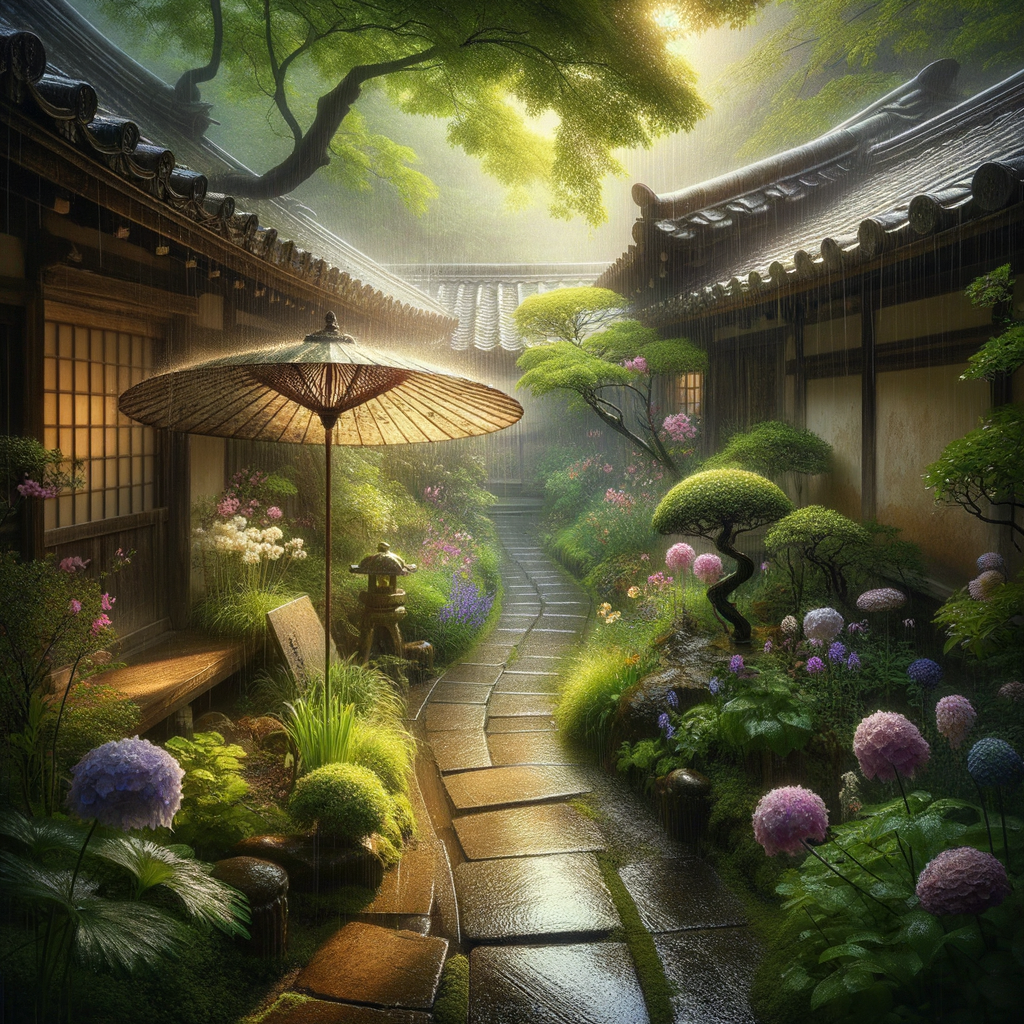 细雨中的庭院