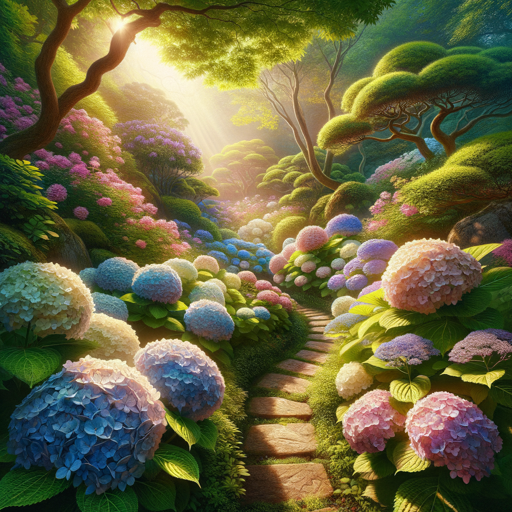 绣球花丛中的行人